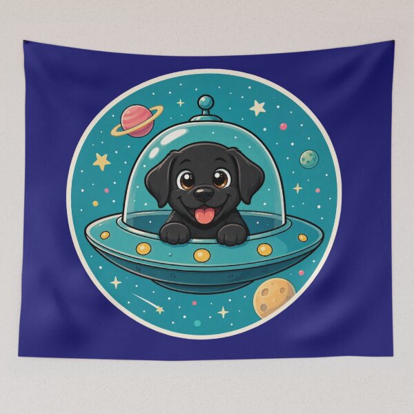 Item preview, Cosmic Lab – Black Labrador in a UFO | Space Dog Illustration designed and sold by Goodthingstree.