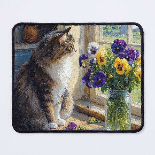 Item preview, Cat Looking at a Pansy Bouquet on an Old Table designed and sold by Maria Dryfhout.