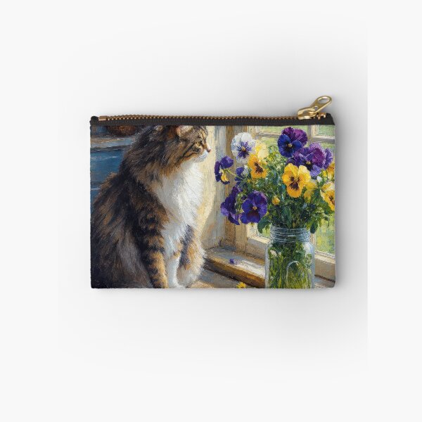 Item preview, Cat Looking at a Pansy Bouquet on an Old Table designed and sold by Maria Dryfhout.