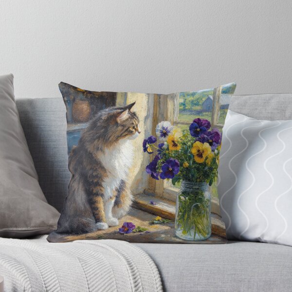 Item preview, Cat Looking at a Pansy Bouquet on an Old Table designed and sold by Maria Dryfhout.