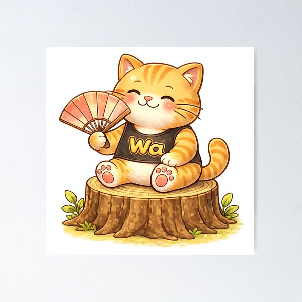 Item preview, Kawaii Orange Cat Holding a Fan Cute Cartoon Animal Design designed and sold by Wawa5656.