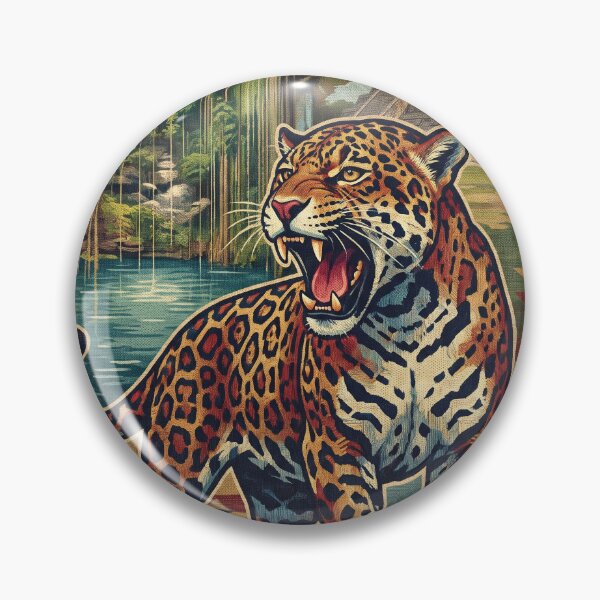 Item preview, RIVIERA MAYA Vintage Travel Illustration - Fierce Jaguar Roaring in the jungle pyramid designed and sold by ZUMERI.