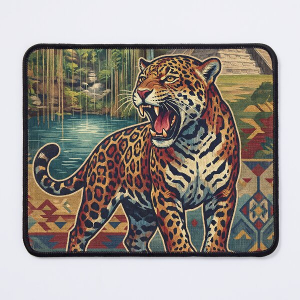Item preview, RIVIERA MAYA Vintage Travel Illustration - Fierce Jaguar Roaring in the jungle pyramid designed and sold by ZUMERI.