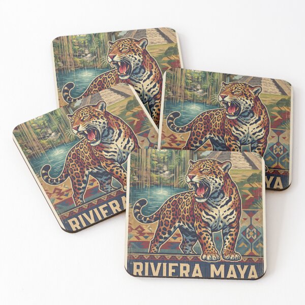 Item preview, RIVIERA MAYA Vintage Travel Illustration - Fierce Jaguar Roaring in the jungle pyramid designed and sold by ZUMERI.