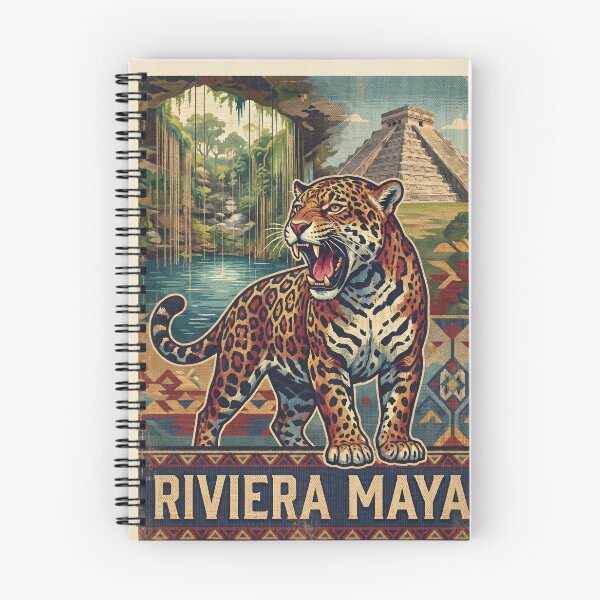 Item preview, RIVIERA MAYA Vintage Travel Illustration - Fierce Jaguar Roaring in the jungle pyramid designed and sold by ZUMERI.