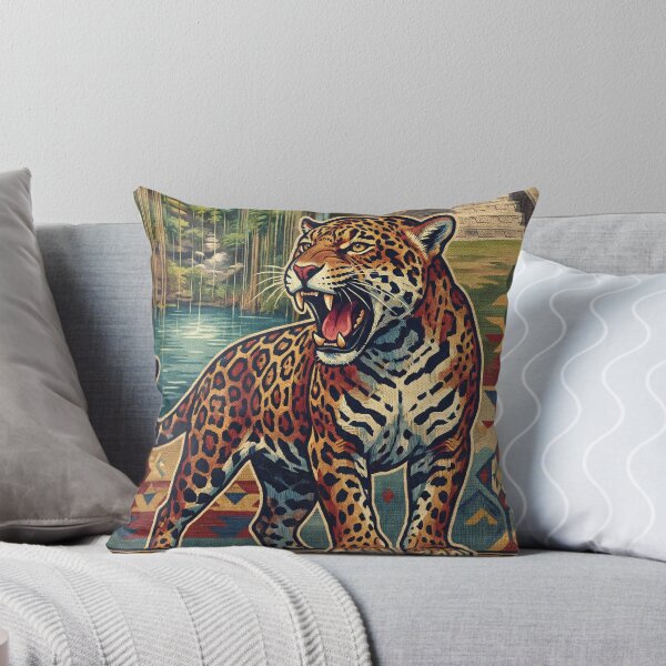 Item preview, RIVIERA MAYA Vintage Travel Illustration - Fierce Jaguar Roaring in the jungle pyramid designed and sold by ZUMERI.