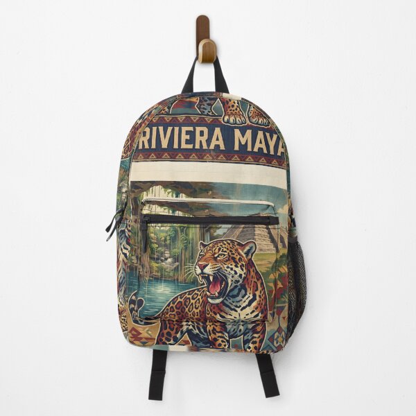 Item preview, RIVIERA MAYA Vintage Travel Illustration - Fierce Jaguar Roaring in the jungle pyramid designed and sold by ZUMERI.