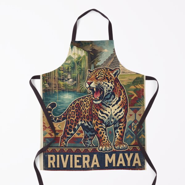 Item preview, RIVIERA MAYA Vintage Travel Illustration - Fierce Jaguar Roaring in the jungle pyramid designed and sold by ZUMERI.