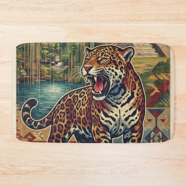 Item preview, RIVIERA MAYA Vintage Travel Illustration - Fierce Jaguar Roaring in the jungle pyramid designed and sold by ZUMERI.