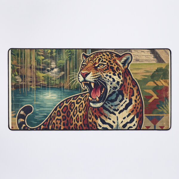 Item preview, RIVIERA MAYA Vintage Travel Illustration - Fierce Jaguar Roaring in the jungle pyramid designed and sold by ZUMERI.