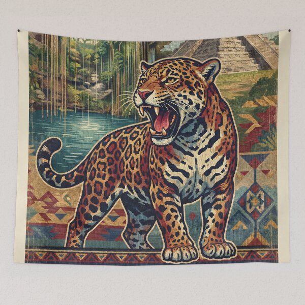 Item preview, RIVIERA MAYA Vintage Travel Illustration - Fierce Jaguar Roaring in the jungle pyramid designed and sold by ZUMERI.