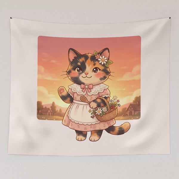 Item preview, Sunset Calico Cat: Cottagecore Flower Basket designed and sold by CuteKats.