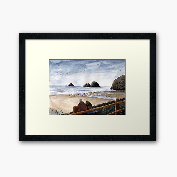 Oceanside Oregon Beach Watercolor Framed Art Print