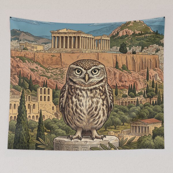 Item preview, ATHENS Vintage Travel Illustration - Wise Owl Perching in an Ancient Citadel designed and sold by ZUMERI.