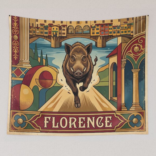 Item preview, FLORENCE Vintage Travel Illustration - Wild Boar Running in a Renaissance City designed and sold by ZUMERI.
