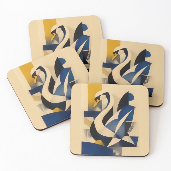 Item preview, Cubist Swan Abstract Geometric Bird — Blue & Gold Mid Century Art designed and sold by inkaylindesign.