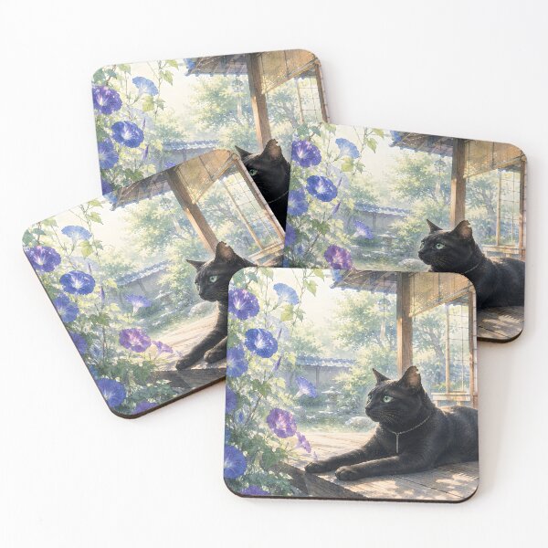 Item preview, Black Cat with Morning Glories – Peaceful Japanese Summer Watercolor designed and sold by solace-garden.