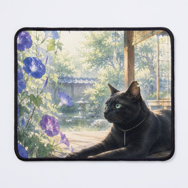 Item preview, Black Cat with Morning Glories – Peaceful Japanese Summer Watercolor designed and sold by solace-garden.