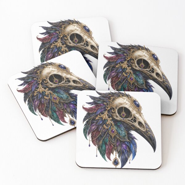 Item preview, Gothic Raven Skull, Jeweled Crow Skull with Feather Headdress, Dark Fantasy Halloween Sublimation designed and sold by BreluzeK.