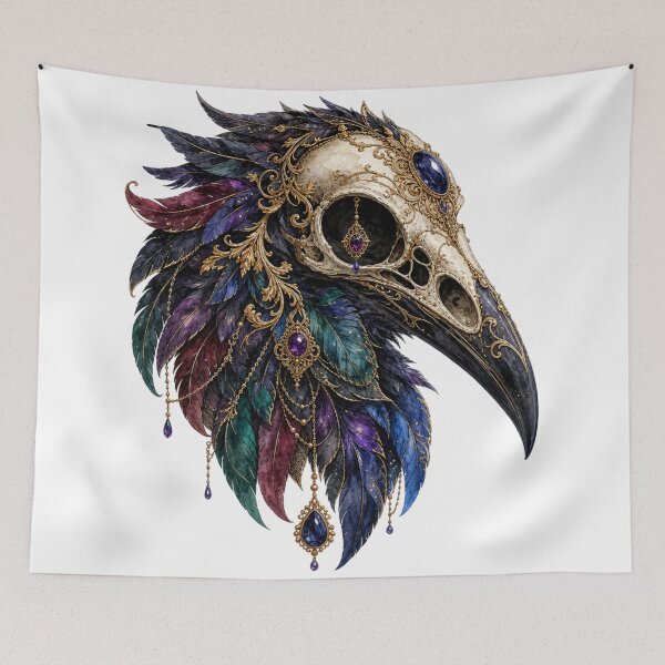 Item preview, Gothic Raven Skull, Jeweled Crow Skull with Feather Headdress, Dark Fantasy Halloween Sublimation designed and sold by BreluzeK.