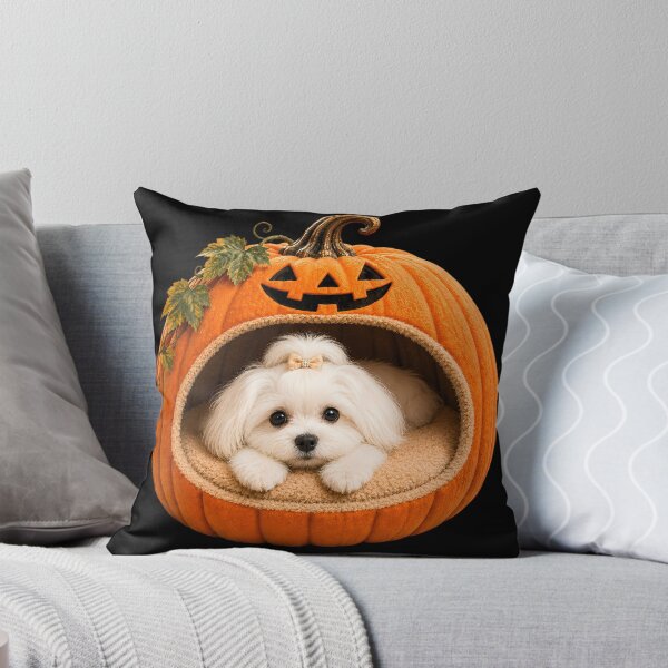 Item preview, Maltese Dog in Halloween Pumpkin Bed – Cute White Puppy Halloween Art designed and sold by ManJiangHong.