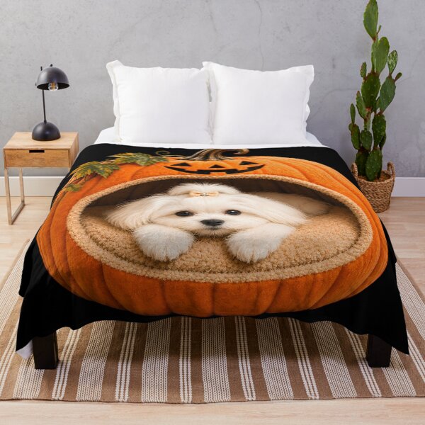 Item preview, Maltese Dog in Halloween Pumpkin Bed – Cute White Puppy Halloween Art designed and sold by ManJiangHong.