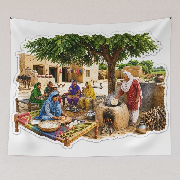 Item preview, Punjabi Village Women Cooking Roti – Traditional Rural Life Sticker designed and sold by Arts121.