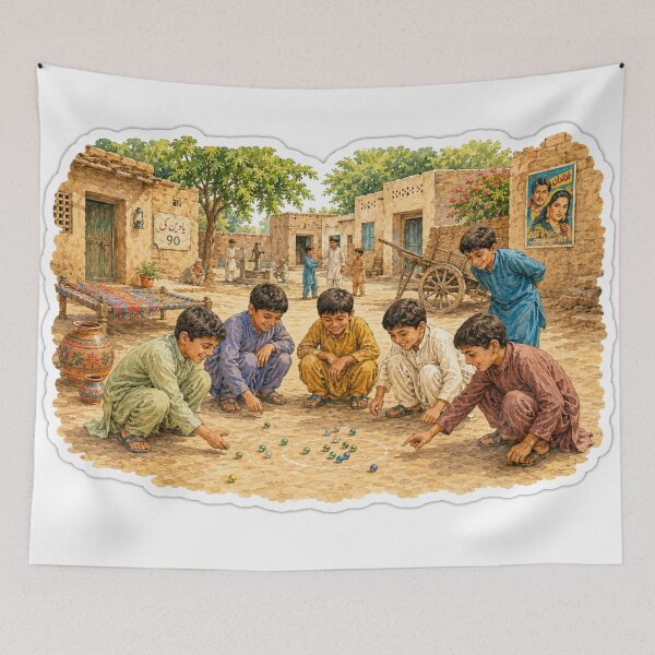 Item preview, 1990s Punjabi Village Kids Playing Marbles – Nostalgic Pakistan Sticker designed and sold by Arts121.