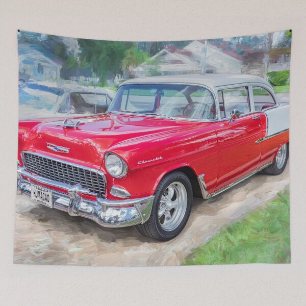 Item preview, Classic 1955 Chevy Bel Air Gypsy Red and India Ivory Automotive Print designed and sold by RichFrancoCars.