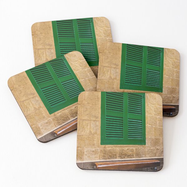 Item preview, Green Shuttered Window With Wooden Bench Against Rustic Stone Wall In Charming Alley designed and sold by Nmallia.