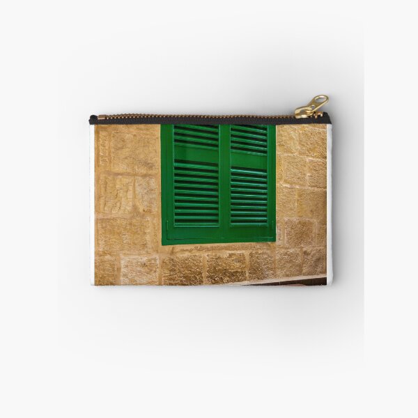Item preview, Green Shuttered Window With Wooden Bench Against Rustic Stone Wall In Charming Alley designed and sold by Nmallia.