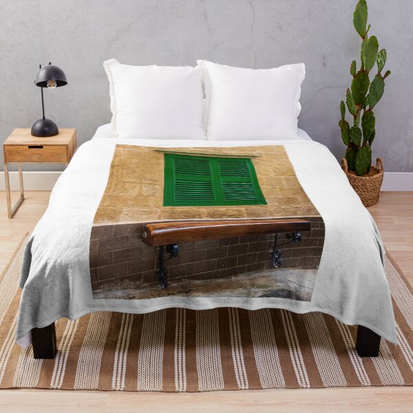 Item preview, Green Shuttered Window With Wooden Bench Against Rustic Stone Wall In Charming Alley designed and sold by Nmallia.