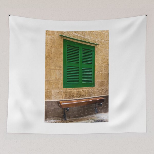 Item preview, Green Shuttered Window With Wooden Bench Against Rustic Stone Wall In Charming Alley designed and sold by Nmallia.