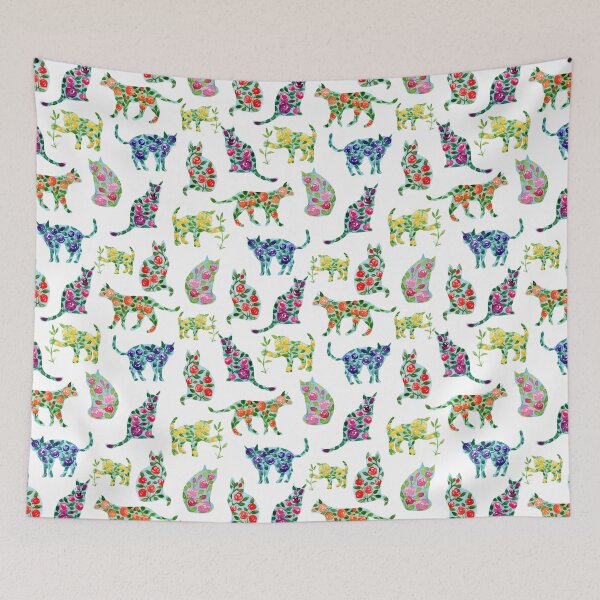 Item preview, Floral Cat Silhouette Pattern Watercolor Art (White Background) designed and sold by andrebalest.art.