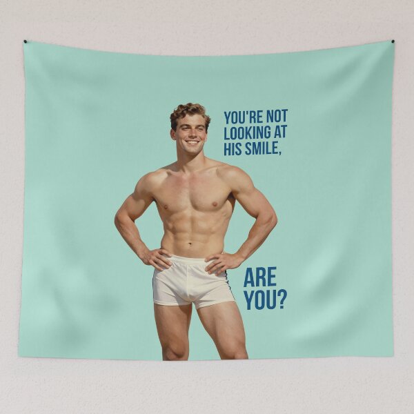 Item preview, Not Looking at His Smile - Cheeky Vintage-Style Muscular Male Pin-Up Art designed and sold by gayishdesign.