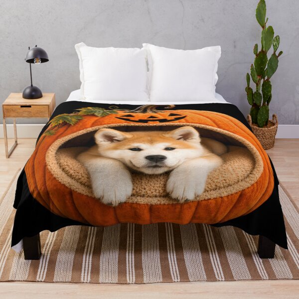 Item preview, Akita in Halloween Pumpkin Bed – Cute Japanese Dog Halloween Art designed and sold by ManJiangHong.