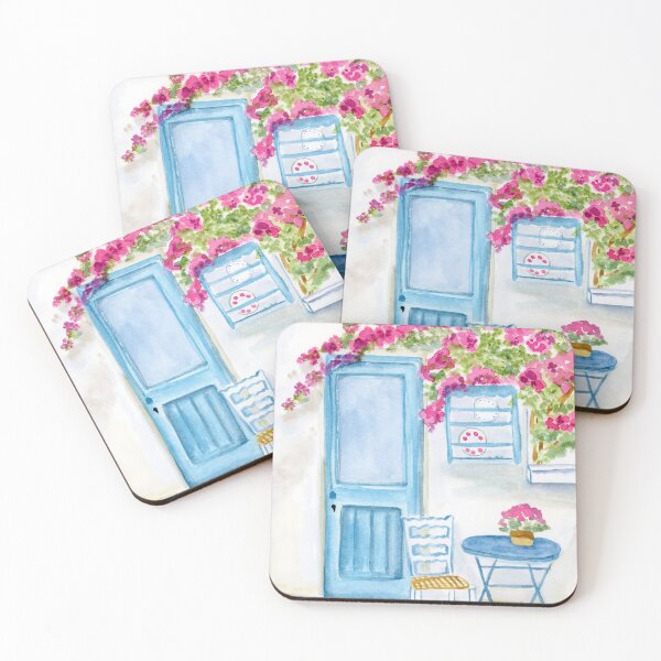 Item preview, Paros Greece Blue Door & Bougainvillea Watercolor designed and sold by daphsam.