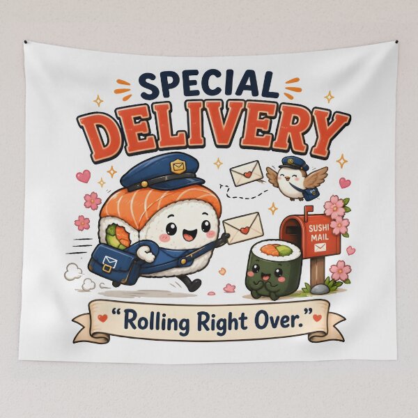 Item preview, Special Delivery Sushi Mailman – Rolling Right Over Cute Kawaii Food Pun designed and sold by Snackwear Apparel.
