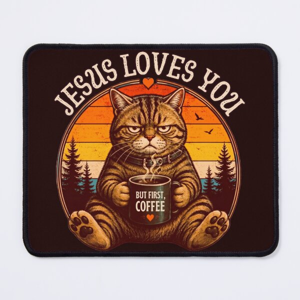Item preview, Jesus Loves You But Coffee First Funny Cat designed and sold by ShopFanCreation.