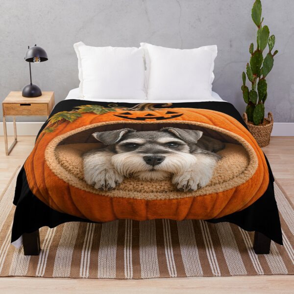 Item preview, Miniature Schnauzer Halloween Pumpkin Dog – Cute Schnauzer in Jack O Lantern Bed designed and sold by ManJiangHong.