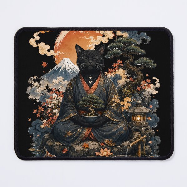 Item preview, Zen Black Cat Meditating with Bonsai Tree Japanese Art designed and sold by BlackCat Vibe.