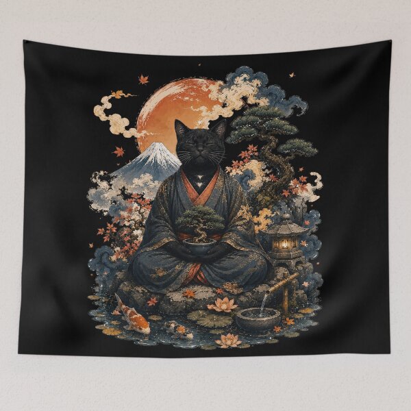 Item preview, Zen Black Cat Meditating with Bonsai Tree Japanese Art designed and sold by BlackCat Vibe.