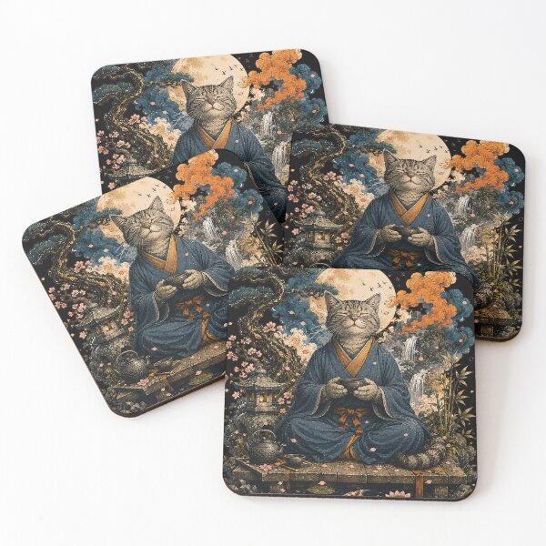 Item preview, Zen Tabby Cat Meditating with Tea Japanese Garden Art designed and sold by BlackCat Vibe.