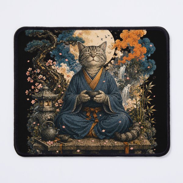 Item preview, Zen Tabby Cat Meditating with Tea Japanese Garden Art designed and sold by BlackCat Vibe.