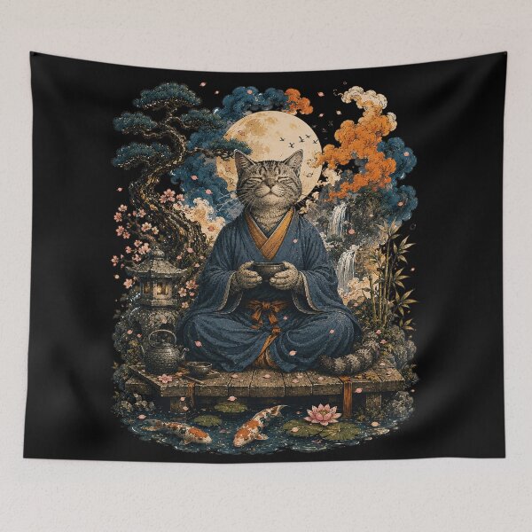 Item preview, Zen Tabby Cat Meditating with Tea Japanese Garden Art designed and sold by BlackCat Vibe.