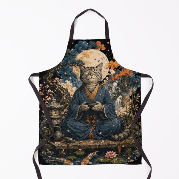 Item preview, Zen Tabby Cat Meditating with Tea Japanese Garden Art designed and sold by BlackCat Vibe.