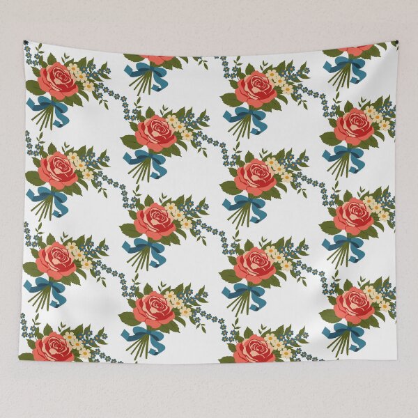 Item preview, Vintage Rose Bouquet with Blue Ribbon and Wildflowers designed and sold by DesignbyAnnaM.