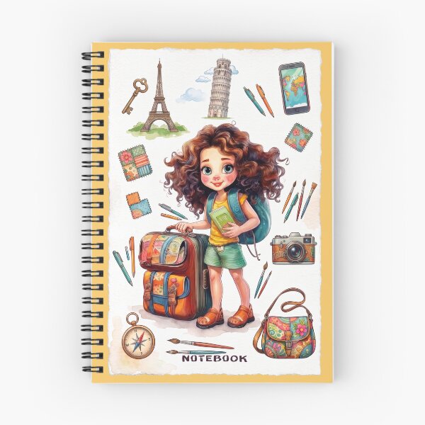 Item preview, Cute Traveler Girl & Famous Landmarks Watercolor Travel Journal - Mustard Yellow designed and sold by MoonOpuluna.
