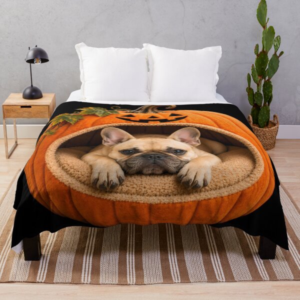 Item preview, French Bulldog Halloween Pumpkin Dog – Cute Frenchie in Jack O Lantern Bed designed and sold by ManJiangHong.