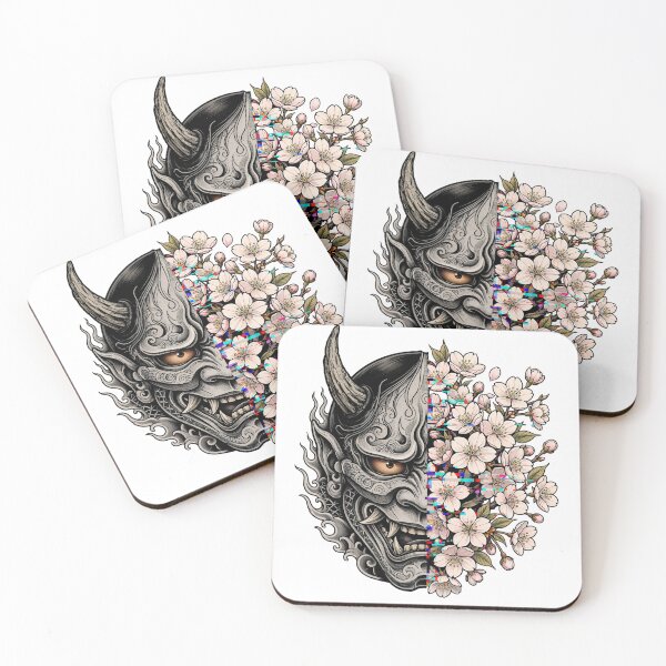Item preview, Japanese Oni Mask Cherry Blossom Glitch Tattoo Art designed and sold by Ameir12.
